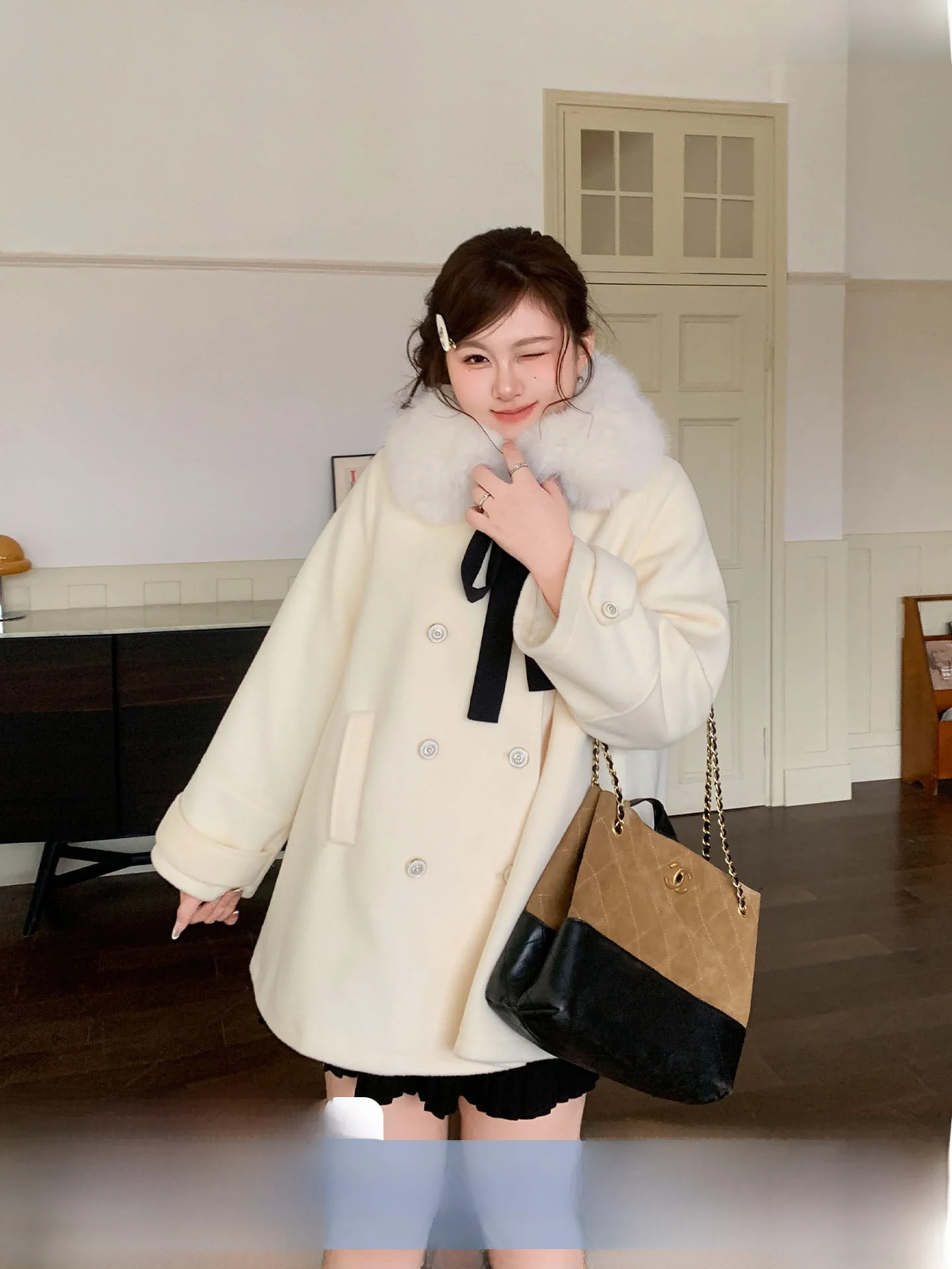 

YUZI Princess Style Large Coat Women's Spring Medium Length Commute Outerwear Soft Wind Big Size Women's White Fur Collar