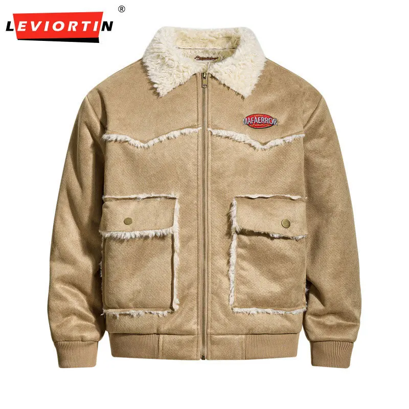 

Thick and warm couple jacket for autumn and winter, American retro letter embroidery design, suede and suede collar jacket