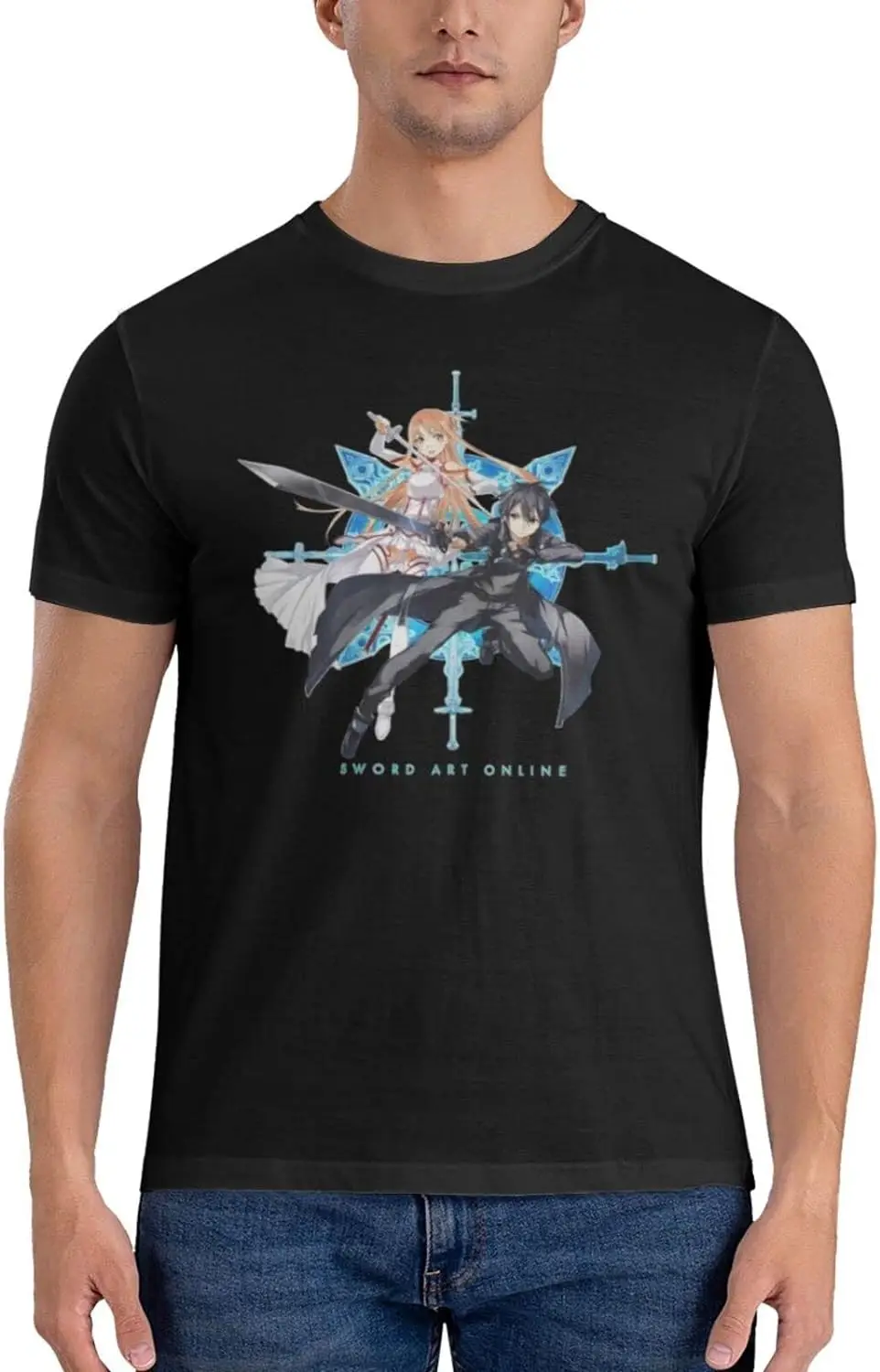 Sword Anime Art Online Shirt Men's Personalised Crew Neck Short Sleeve T Shirt Fashion Graphic Tees Black