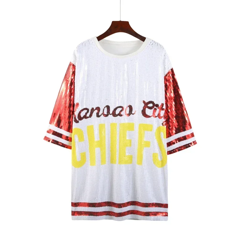 

Spring Summer Women Tshirt White Red Colors Matching Letters Printing Ladies T-shirts Cheerleading Team Uniform Short Sleeve