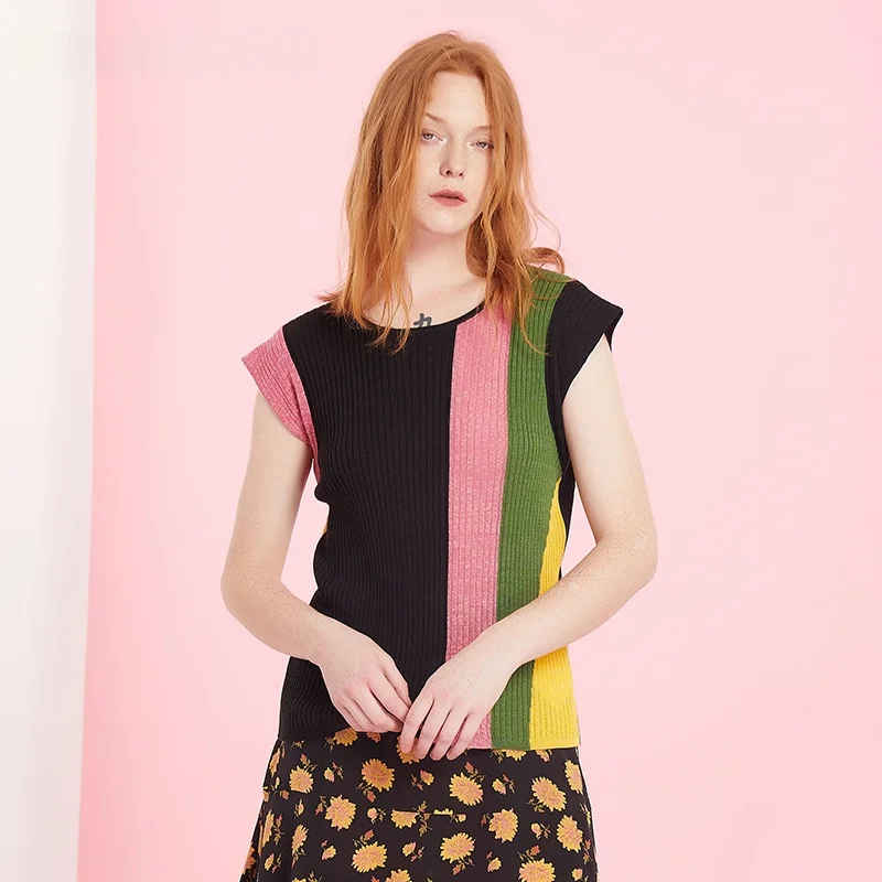 

und ow Summer New ort Sve Patchwork Knitted T-irt Casual Versatile Women's Top Floral Embroidery Flat Knit T-irt