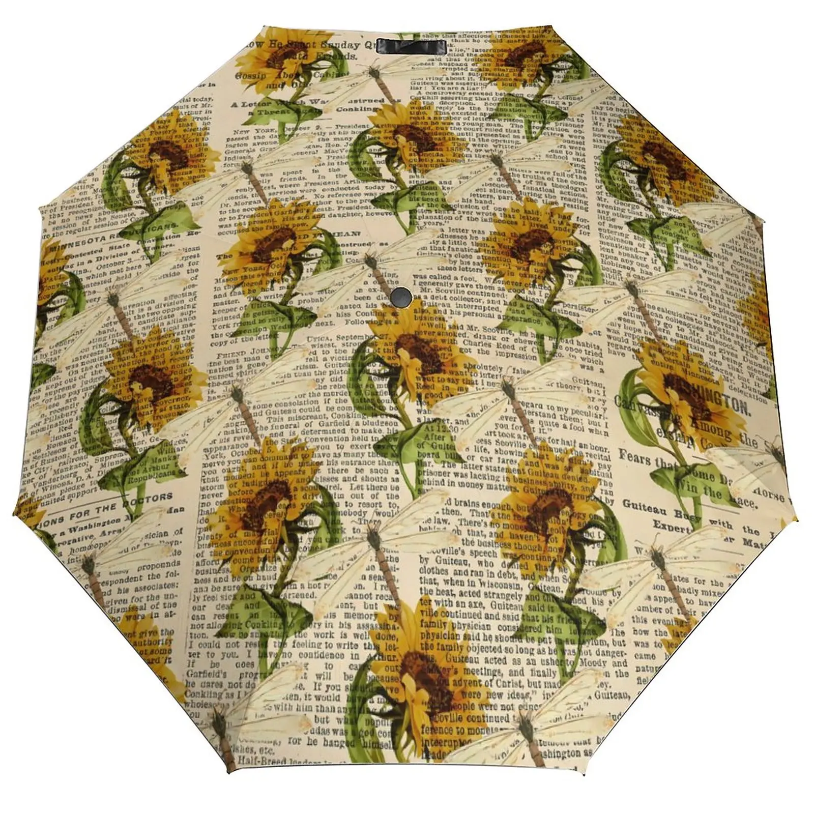 Old Newspaper Umbrella Sunflowers Dragonflies Protection Auto Umbrella Cool Painting Compact Outdoor Umbrella