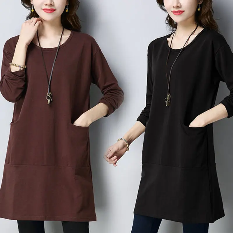 Spring Autumn New Fashion Basic Solid Color Pullovers T-shirt Casual All-match Loose Pockets O-Neck Midi Tops Women\'s Clothing