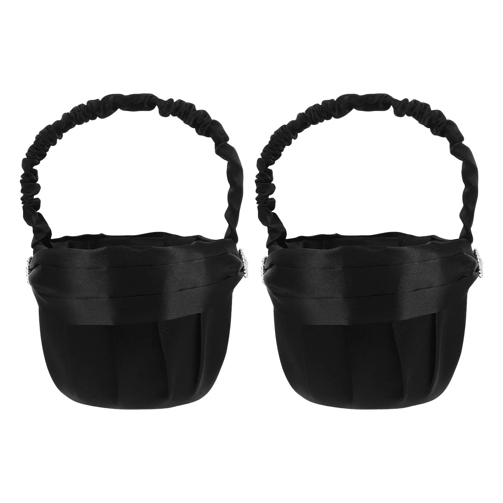 

2Pcs Wedding Flower Girl Basket Black Rhinestone Decorative Handheld Basket Bridal Rose Petal Holder Wedding Celebration