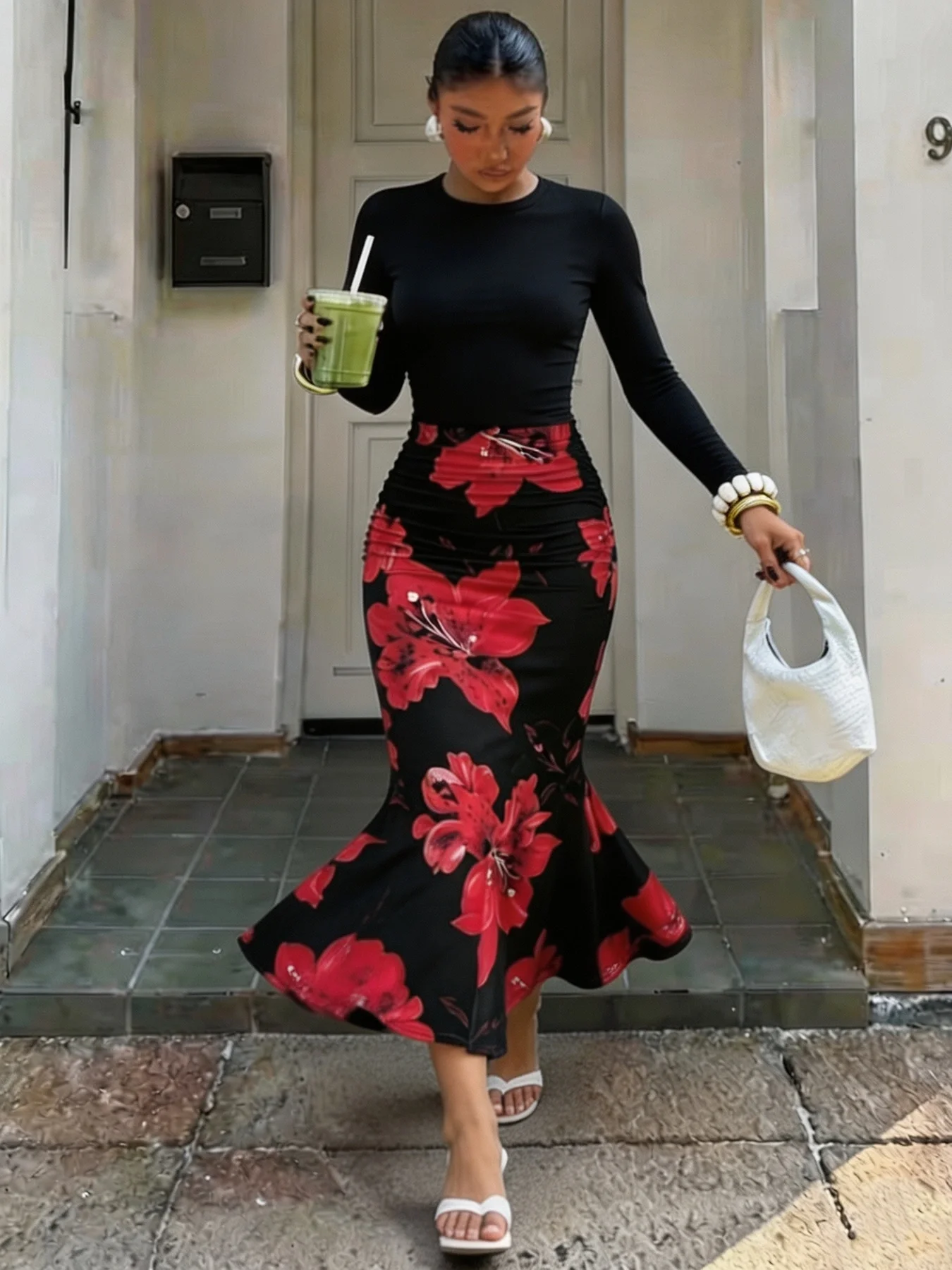 Women Two Piece Set Long Sleeve Crew Neck T Shirt Top High Waist Bodycon Midi Skirts Floral Print Fishtail Elegant Party Outfits