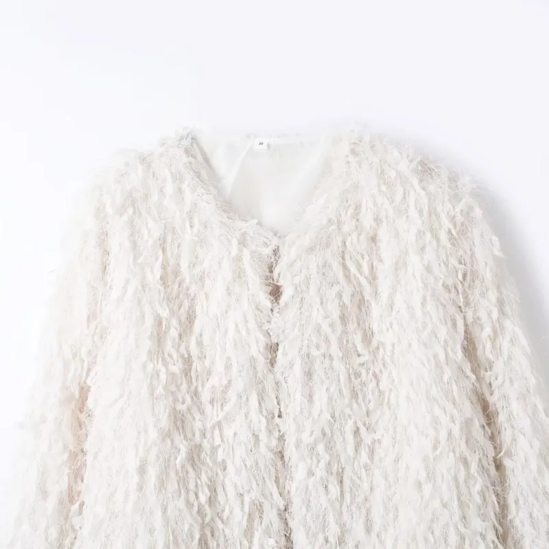 Veste en fil métallique à plumes pour femme, col rond, manches longues, manteaux courts simples et décontractés, hauts chics, automne et hiver