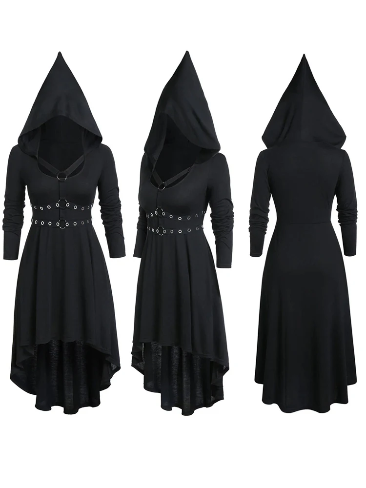 Gothic Dark Punk Black Medieval Mit Kapuze Kleid Harajuku Vintage Unregelmäßigen Frauen Schlank Spitz Hut Hühneraugen Kreuz Krawatte Langarm Kleid