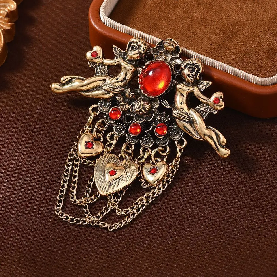 

Baroque Themed Heavy Tassel Angel Brooch - Retro Metallic Cupid Coat Pin Accessory