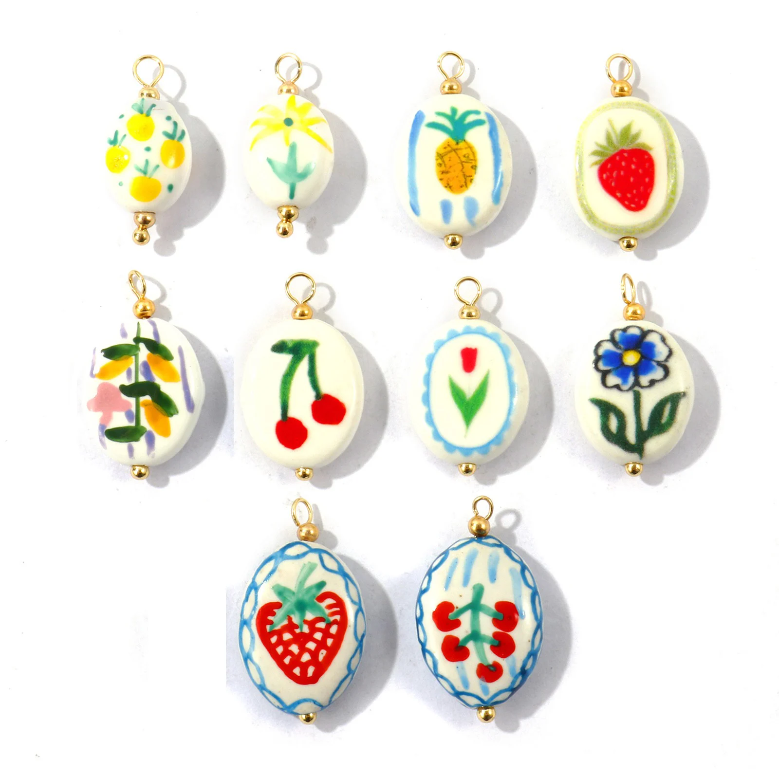 2pcs Multicolor Oval Fruit Cherry Strawberries Ceramic Pendants Double Sided Printed Gold Plated Pendants DIY Necklace Jewelry