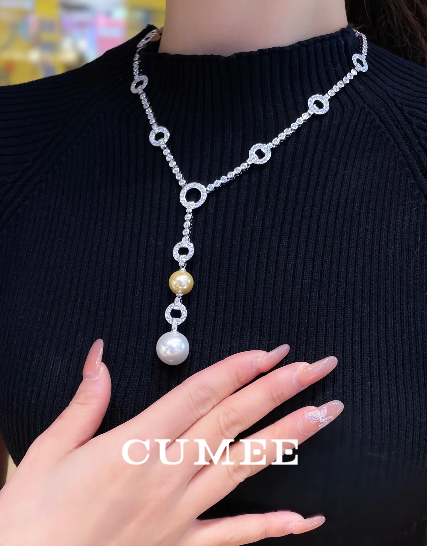 CUMEE Fashion trendy senior evening wear artificial Australian white beads pearl necklace for Women.925 silver gold-plated