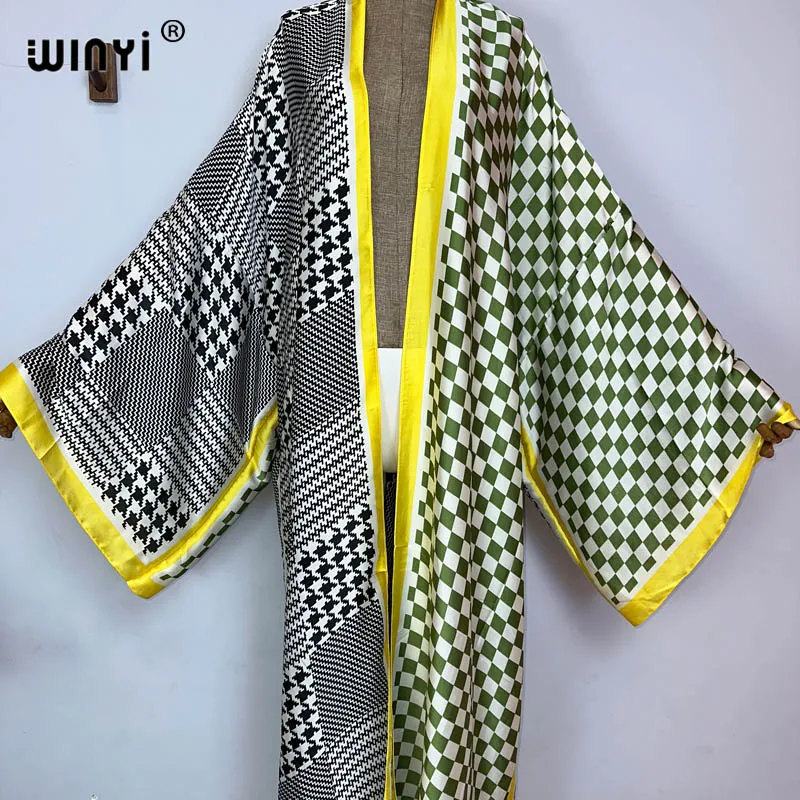 WINYI Women Bohemian Retro printing Elegant Casual dress African Cardigans Outerwear For Women Summer Sexy silk feeling kaftan