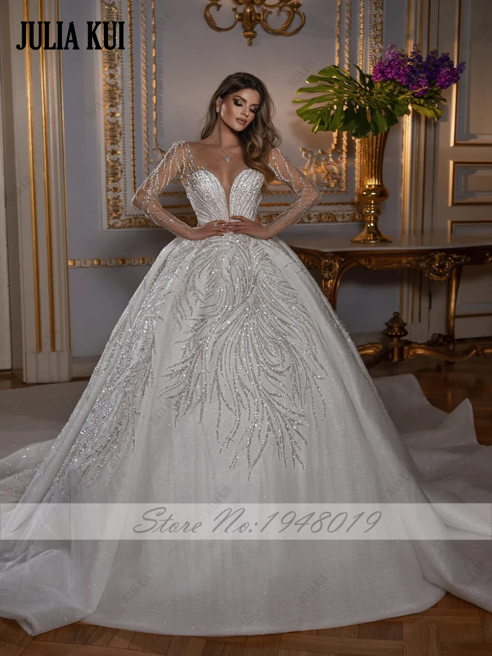 Julia Kui Luxuries Beading Embroidery Lace Ball Gown Wedding Dresses Corset Back Closure V-Neck Full Sleeves Princess Bride Gown