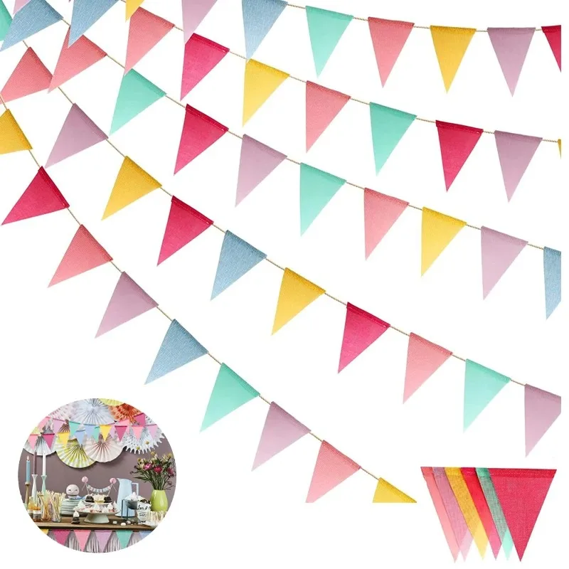 Bunte Jute- und Leinen-Dreiecksflaggen im Vintage-Stil, Hessische Wimpelkette, Wimpel für Abschlussdekoration, Wandbehang, Partyzubehör