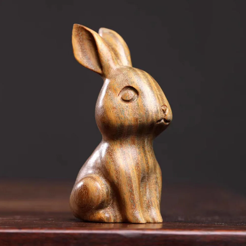 Y57 - 6.5X3.6X3.3 CM Green Sandalwood Cute Rabbit Wood Sculpture Animal Statue Collection Office Decoration Home Décor