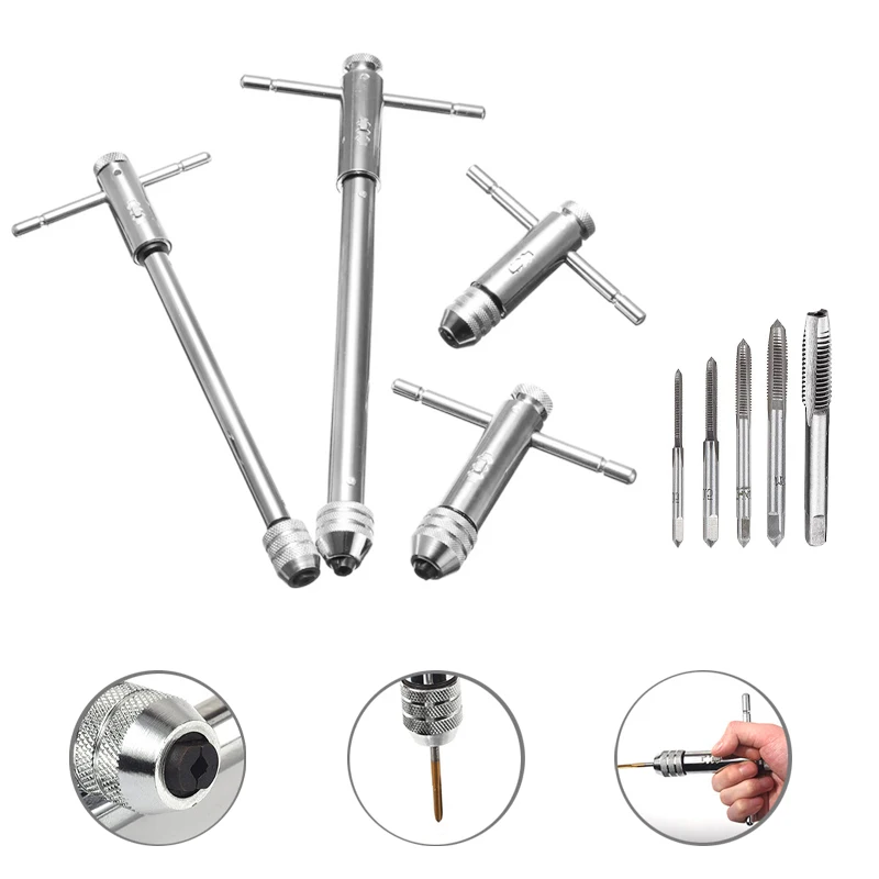 

Adjustable Silver T-Handle Ratchet Tap Holder Wrench for M3-8 M5-12 Machine Screw Thread Metric Plug T-shaped Tap Machinist Tool