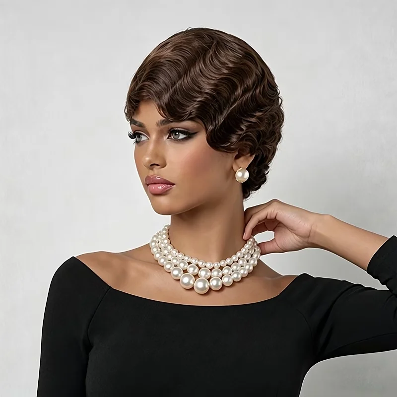 Short Human Hair Curly Pixie Cut Wig with Natural Brown Color for Women,This Short Wig Is Fully Machine-Made for Daily Wear & Su