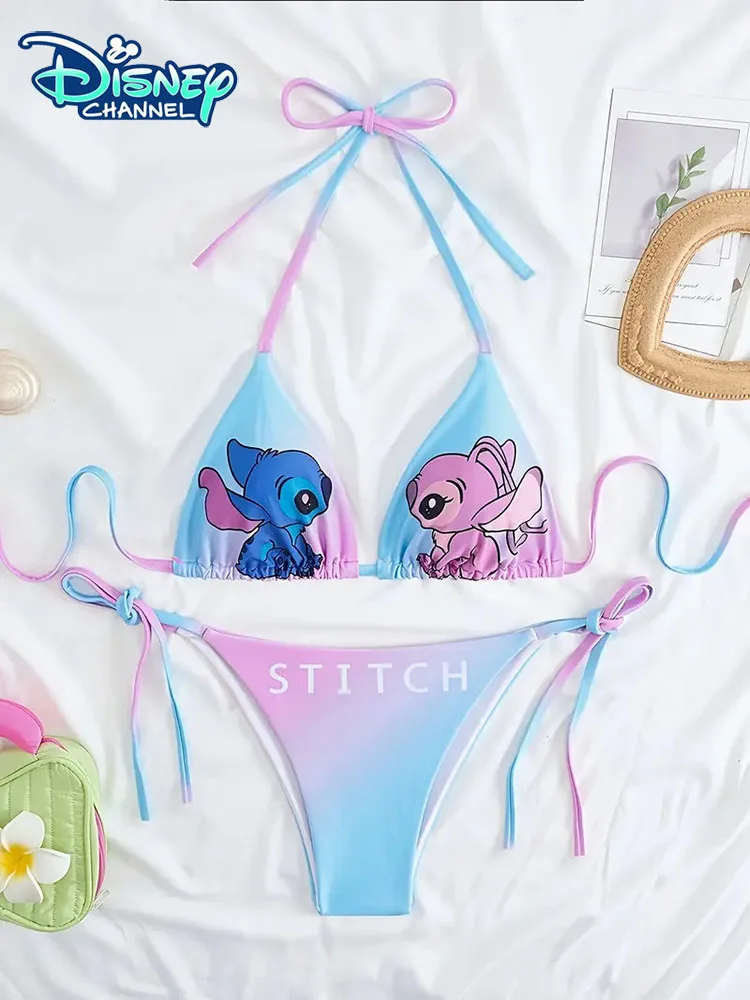 

2pcs New Stitch Bikinis Set Kawaii Swimsuit Black 2025 Women New Summer Sexy Bikinis Y2k Beach Strappy Panties Girl Swimwear
