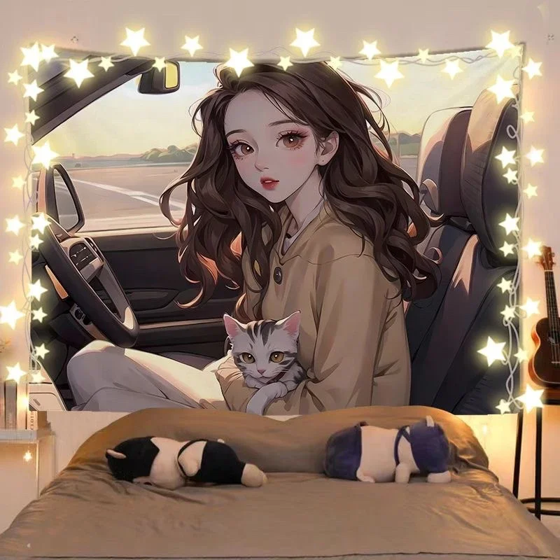 Sunset Anime Girl & Cat Tapestry Wall Hanging for Bedroom Living Room Dorm Aesthetic Home Decor
