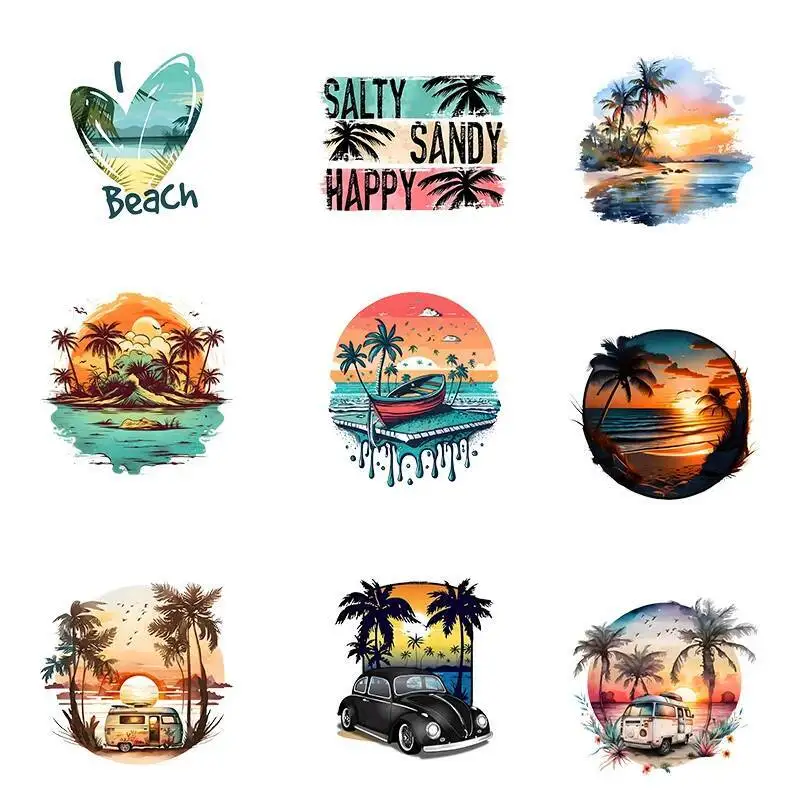 25CM Summer Beach and Sunset Ironing Heat Transfer T-shirt DIY Decorative Stripes Washable Palm Tree Women's Clothing Stickers