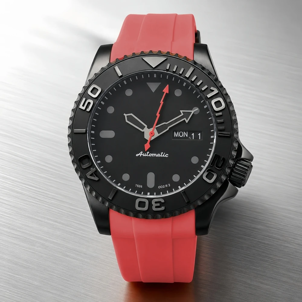LARIMOKER NH36 Automatic Diver Watch Men 40mm Black PVD Day Date Sapphire Crystal Rotating Bezel Orange Second Rubber Strap