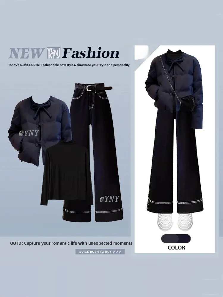 

Warm Cotton Jacket And High Waist Straight Leg Jeans Winter Fashion High End Feeling Short round Neck Coat And Pants Set