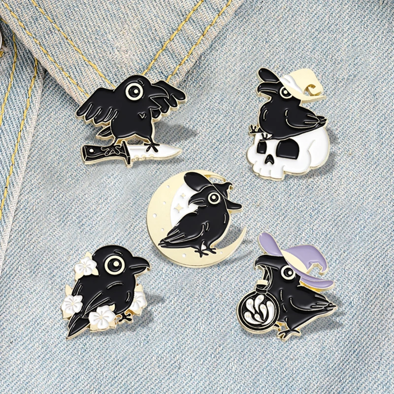 Punk Crow Wizard Enamel Pins Custom Black Gothic Skull Brooches Lapel Badges Animal Jewelry Gift for Kids Friends