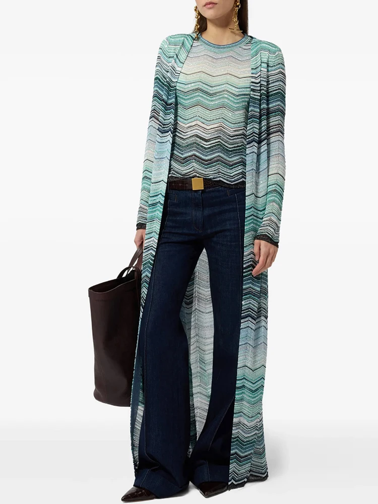 Spring Summer Fashion Zigzag Pattern Knitting Long Style Cardigan Women's V-Neck Long Sleeve Gold thread Straight Barrel Coat
