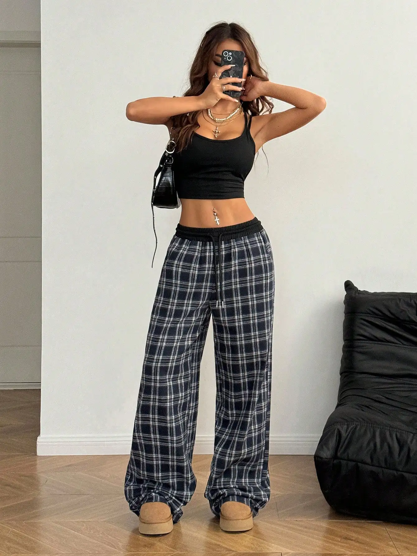 Coolane femmes automne décontracté usage quotidien basique ample à carreaux Patchwork pantalon à jambes larges, noël nouvel an