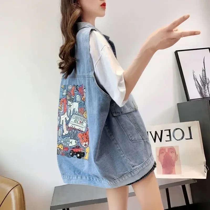 Women's Printed Ripped Denim Vest Korean Fashion Cardigan Sleeveless Tops Leisure Coat Waistcoat Spring and Autumn Loose Retro