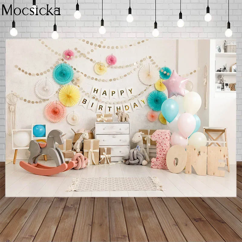 

Mocsicka Newborn Baby 1st Birthday Photography Backdrops Colorful Balloons Banner Decor Child Cake Smash Photo Background Studio