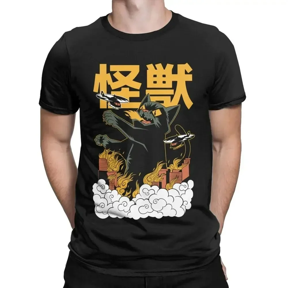 Fashion Vintage Catzilla Monsters Kitten T-Shirts Men Round Neck Cotton T Shirts Cat Short Sleeve Tees Oversized Clothing