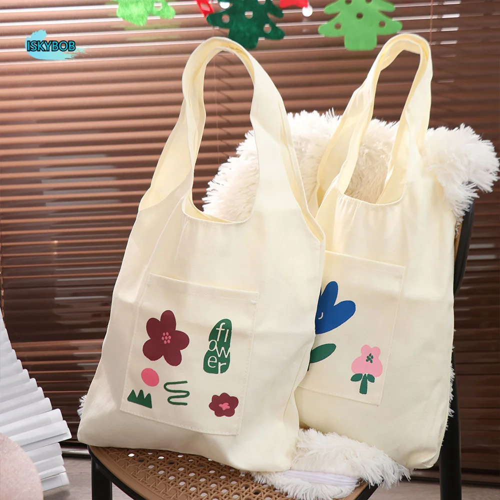 

Trendy Korean Style Flower Tote Bag Large Capacity Versatile Canvas Shoulder Bag Sweet Handbag Women's Armpit Bag Girls