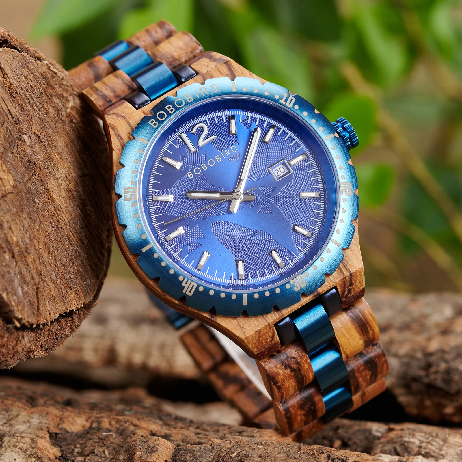 

BOBO BIRD Men's Wooden Watch Original Design Quartz Timepiece with Blue Natural Wood Wristwatch Custom Engraving Dropshipping