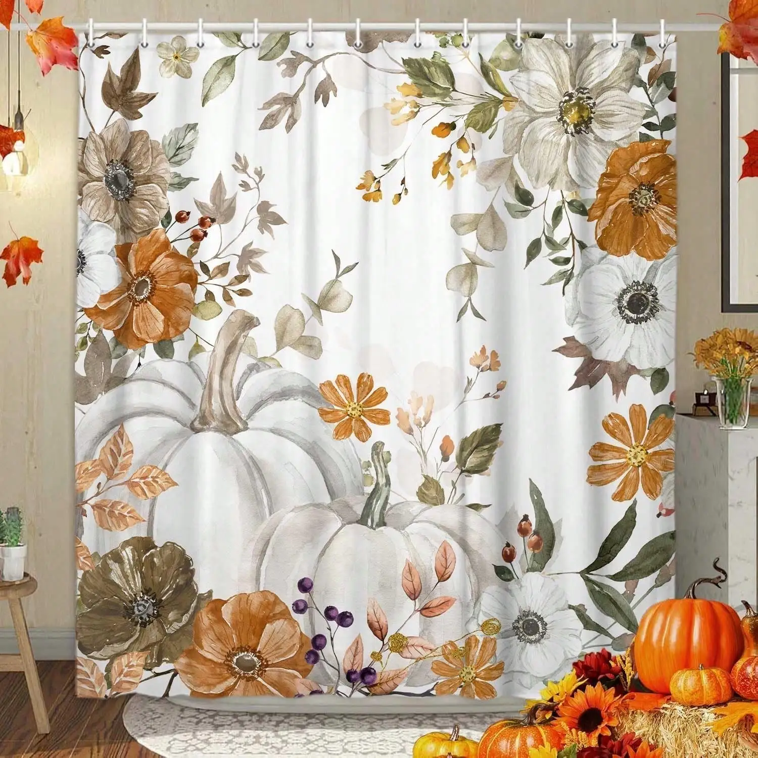 Autumn Pumpkin Shower Curtain,Fall Eucalyptus Leaves Bathroom Curtains Shower Set Baño Accesorios Thanksgiving Day Harvest Season Shower Curtain Sets Bathroom Accessories With 12 Hooks Apartment Essentials Home Decor Halloween Decor Festival Decor