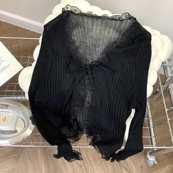 Women's Lace-Ruffle Short Cardigan 3 OCEANLOVE Thin Short Cardigans Solid Lace Ruffles Spring Summer Women Sweaters Transparent Korean Fashion Sweet Chaquetas 3