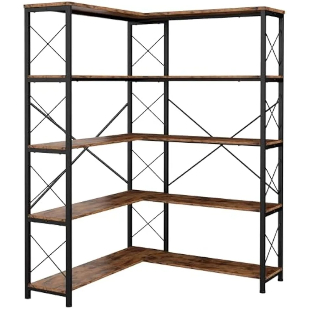 5-Shelf Hoek Boekenkast, Vintage Industriële Hoek Boekenplank Etagere Boekenkast, 5 Tier Hoek Plank Opbergrek Met Metalen Frame