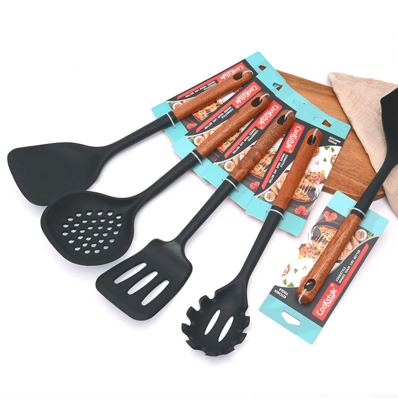 Multi-color Silicone Wooden Handle Kitchenware Set Non Stick Pot Spatula Spoon Cooking Utensils Heat-resistant Accessories Gift view 2