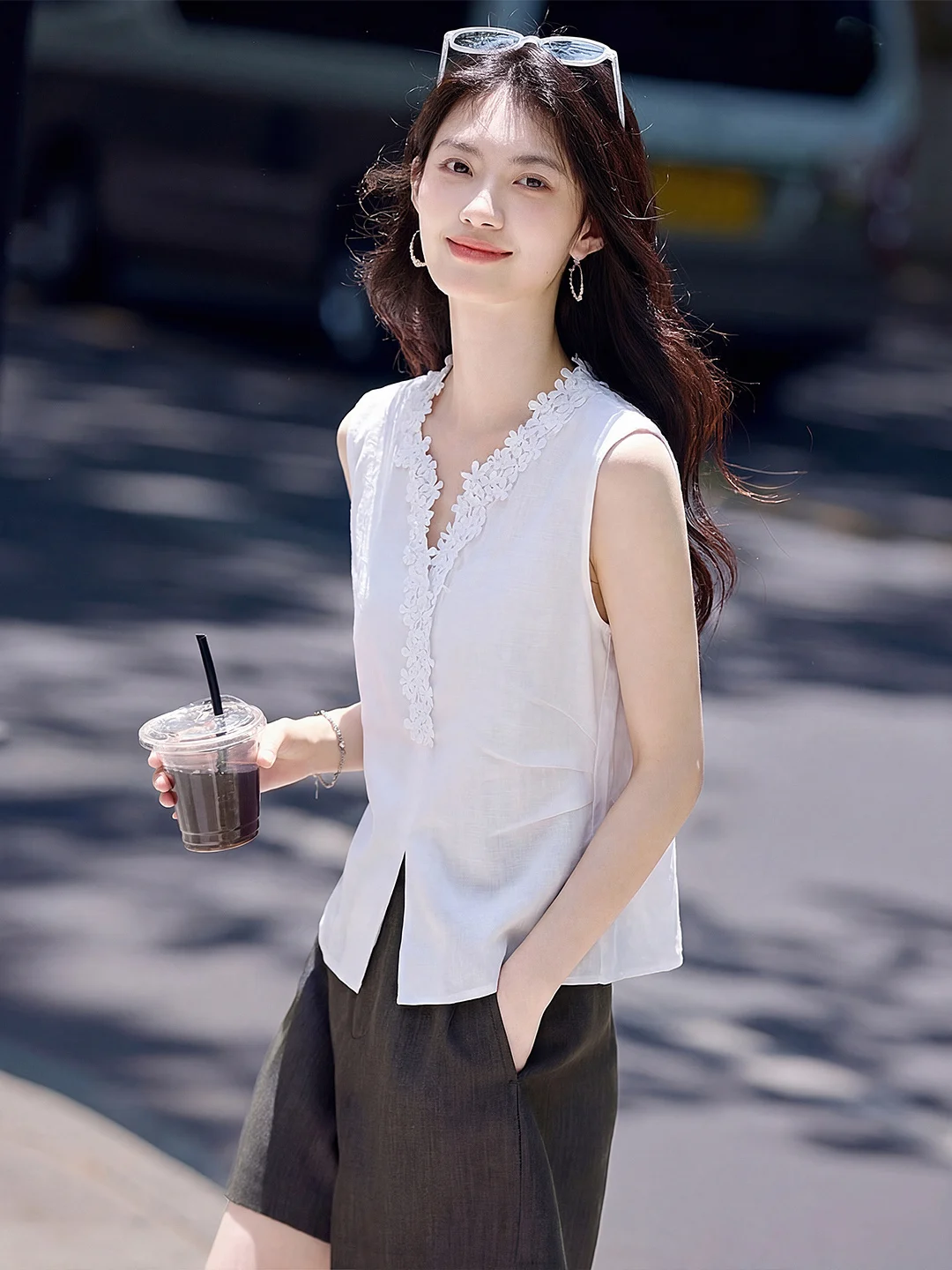 

Xin Fei Yu Linh V-Neck Sleeveless Women's Vest Casual Style Linen Fabric Breathable Lightweight Short Length Pure Color Top