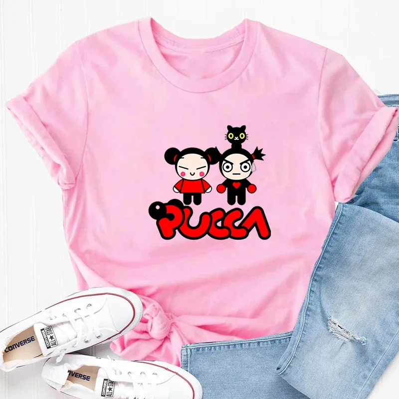 Pucca and Garu Cute Love Cat T Shirt Women Cotton Short Sleeve Print Tshirt Funny Cartoon Graphic T Shirts Woman Clothing