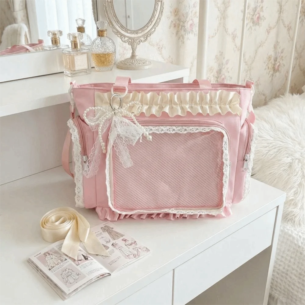 Ballet Style Lolita Transparent Crossbody Bag Bowknot Large Capacity Anime Shoulder Bag Sweet with Pendant Tote Bag Japanese view 3