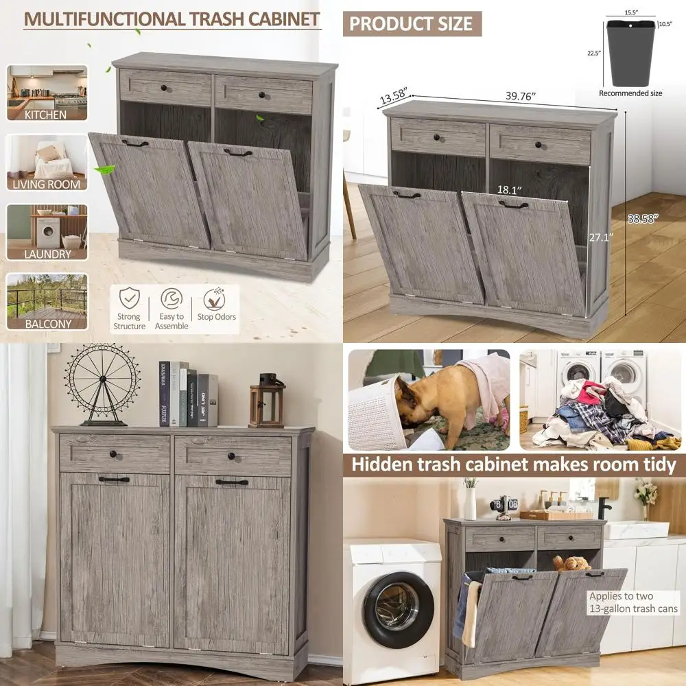 

Dual-Bin Kitchen Trash and Recycling Cabinet, 26 Gallons, Grey