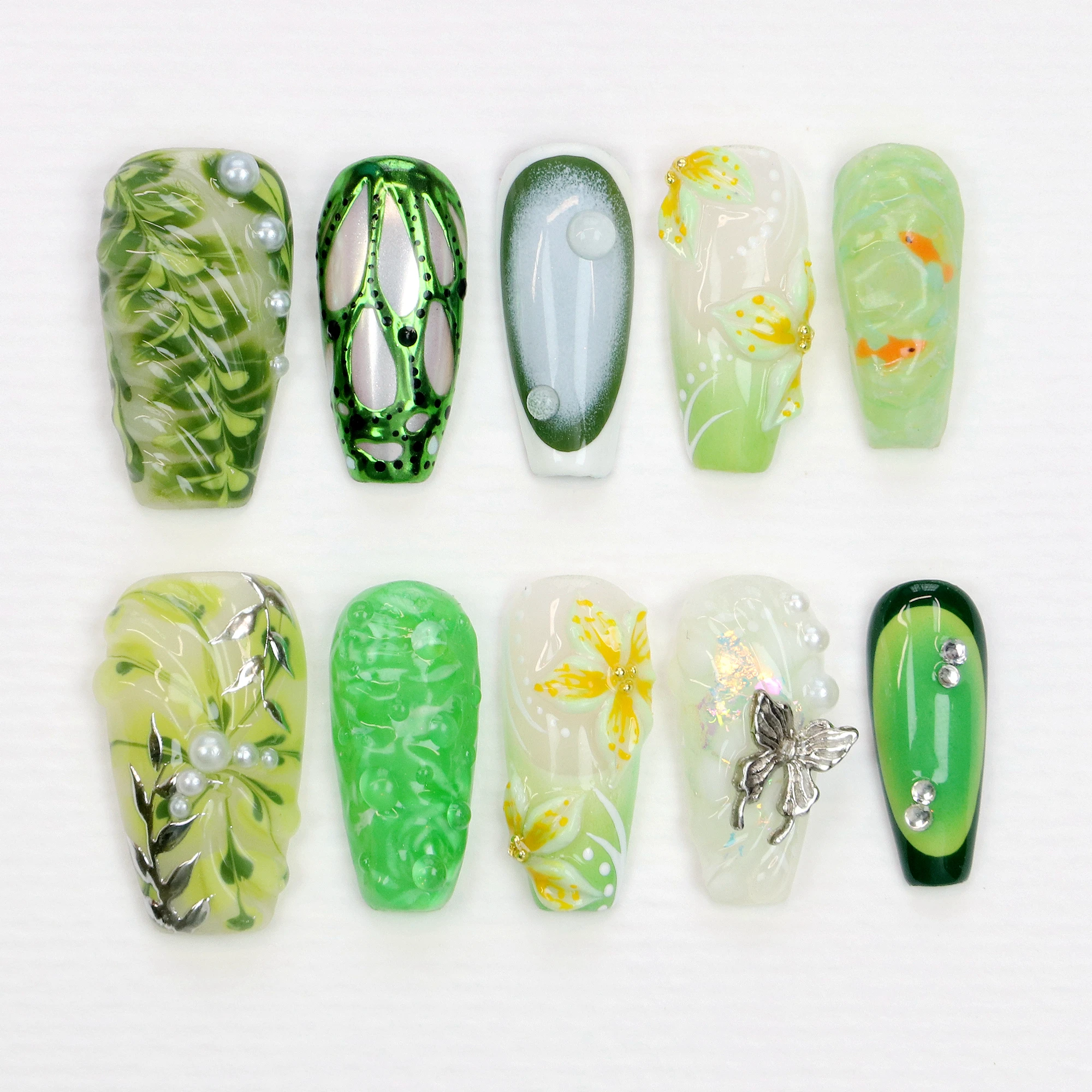 10Pcs 3D beautiful handmade Manicure Press On Nails,Acrylic Fake Handpainted Long Coffin Green Flowers Design Free Style Nail