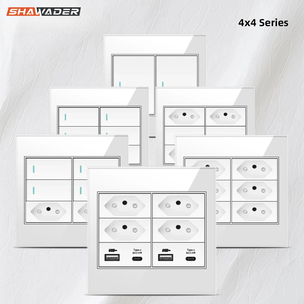 Shawader 4x4 Brazil Outlet Double USB Type-C Wall Power Socket Light Switch Home Office White 10A 20A Fireproof Glass Panel