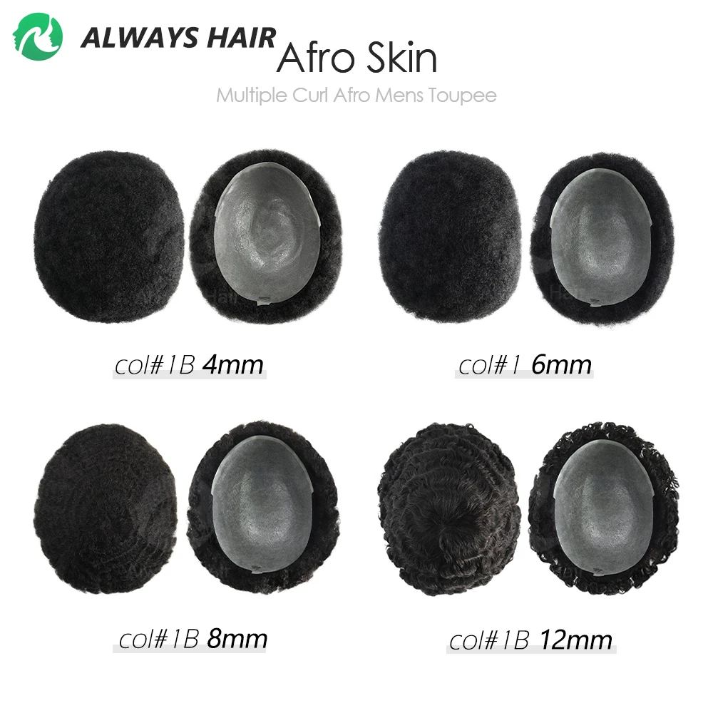 

Afro Toupee Curl 4mm 6mm 8mm 12mm 0.12-0.14mm Skin Afro Wig for Black Men Real Indian Human Hair