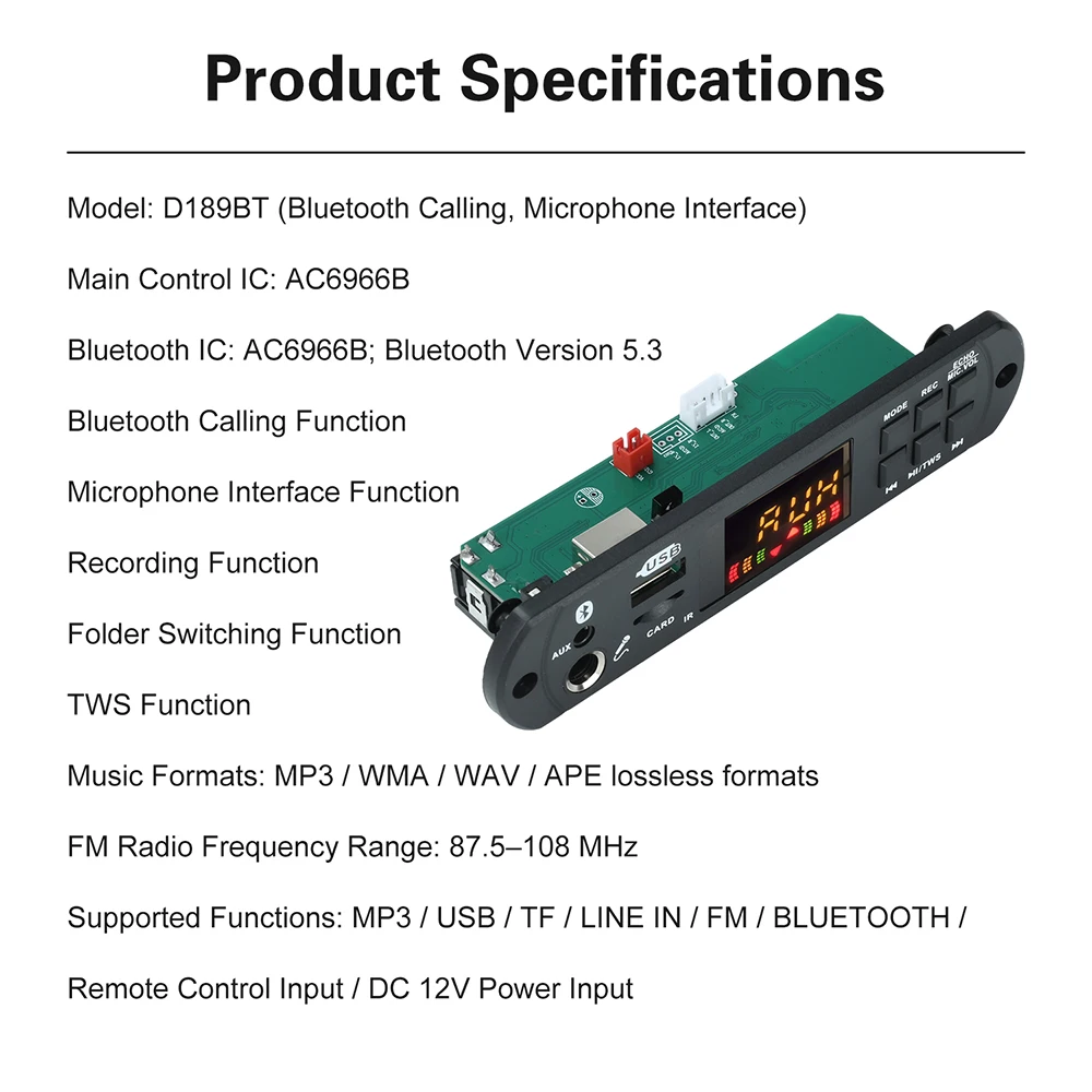MP3 Bluetooth Decoding Board with BT 5.3 for Car Audio Lossless Music TWS Function and Recording Support