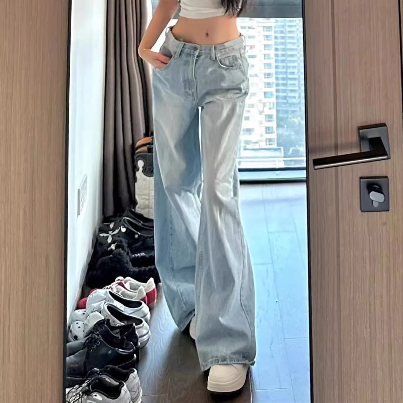 

Slimming High Waist Wide Leg Denim Jeans Women's Loose Dra Floor-Length Pants Light Blue New Arrival Summer 2024