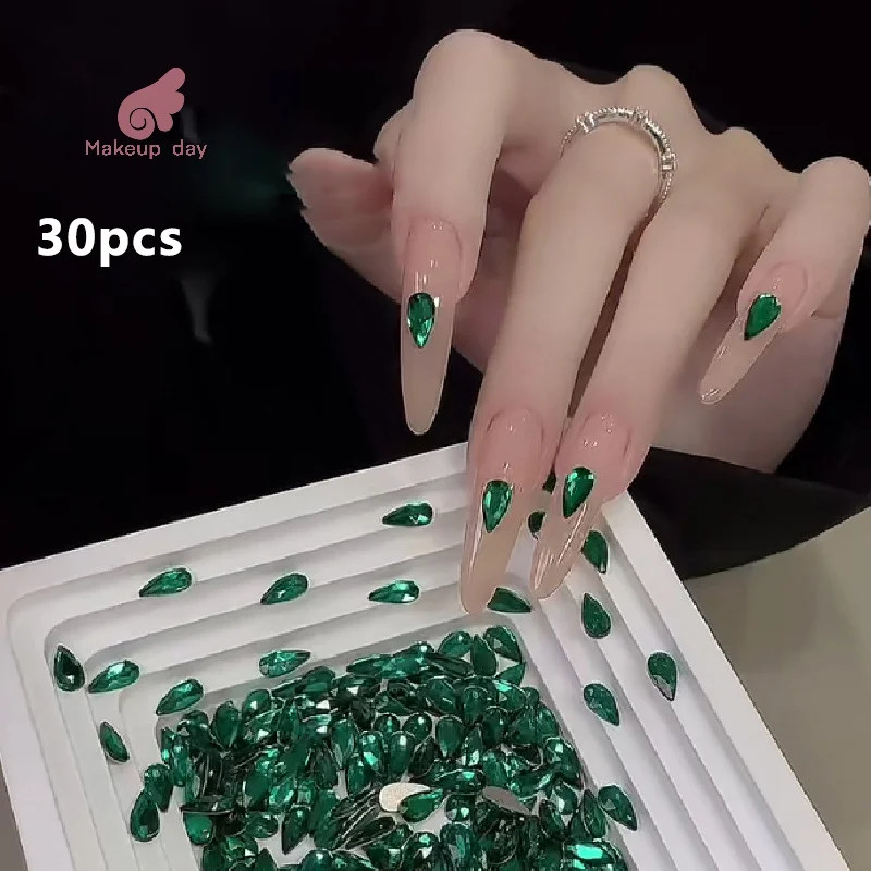 30pcs 녹색 네일 매력 크리스탈 다이아몬드 플랫 백 물방울 모양의 라인 석 3D 손톱 아트 장식 용품