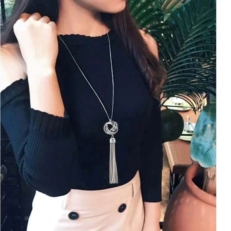 Fashion Woman\'s Sweater Chain Necklaces Long Tassel Snake Link Necklace Festival Trendy Jewelry Gift