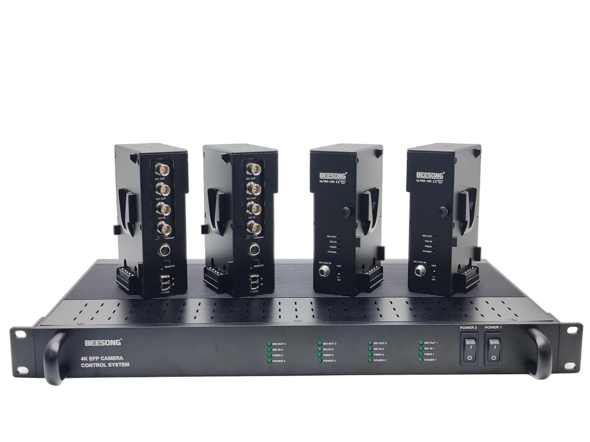 4 unidades de cámara y 1 convertidor Base 12G Sdi a fibra con sistema Efp de vídeo de retorno remoto sobre fibra óptica