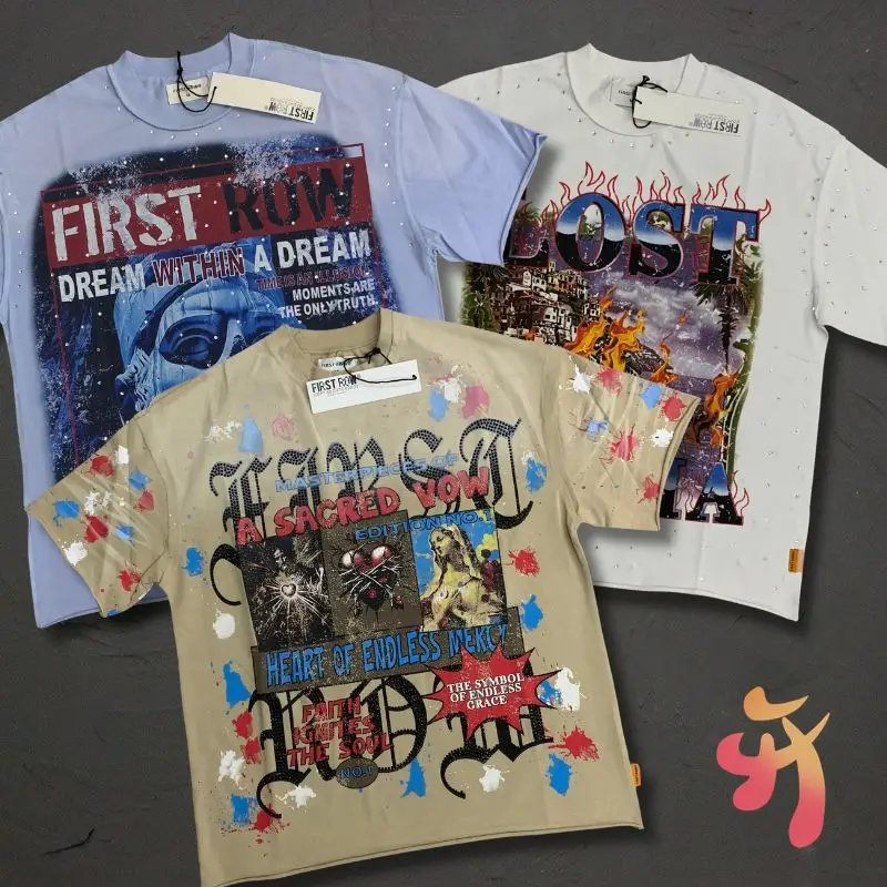 

Y2K Летняя уличная одежда в стиле хип-хоп FIRST ROW Футболка Винтаж Hot Drill Граффити Стираный старый хлопок с круглым вырезом и коротким рукавом Мужская женская футболка